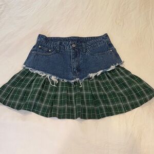 Distressed Denim Top Green Plaid Tiered Skirt